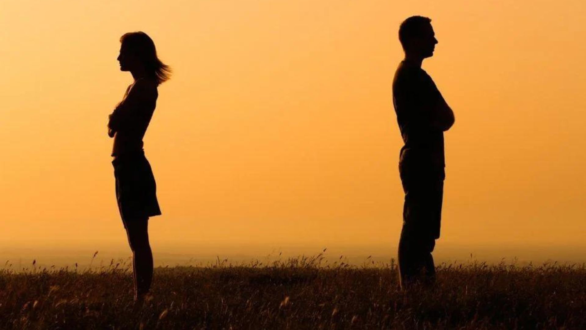 A man and woman facing against each other while standing in the field