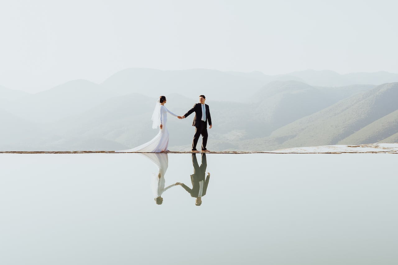 Just Married Couple Reflected in Lake